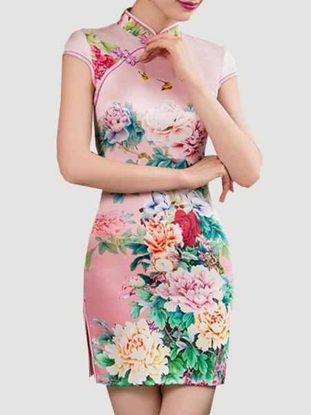 Was and Now - Fashion Clothing - 2 Color Diagonal Button  Band Collar Printed Bodycon-dress