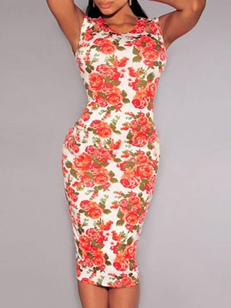 Was and Now - Fashion Clothing - 2 Color  Floral Printed Round Neck   Bodycon-dress
