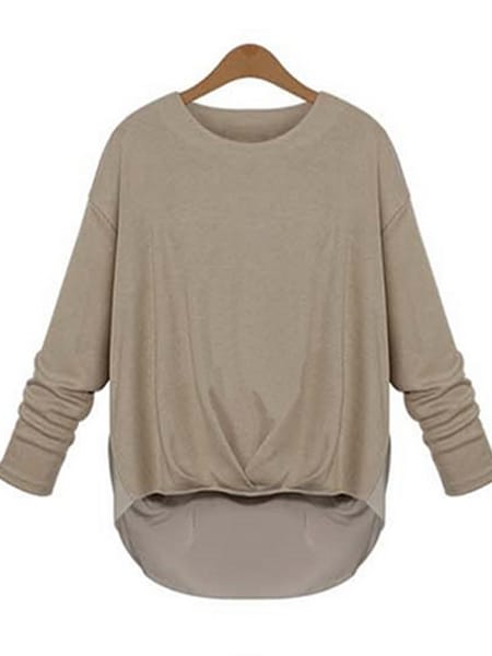 Was and Now - Fashion Clothing - 2 Color  Pleated   Plain  Plus Size  Long Sleeve T-shirts