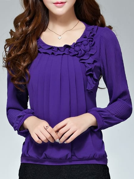 Was and Now - Fashion Clothing - 2 Color Round Neck Ruffled  Plain Long-sleeve-t-shirt