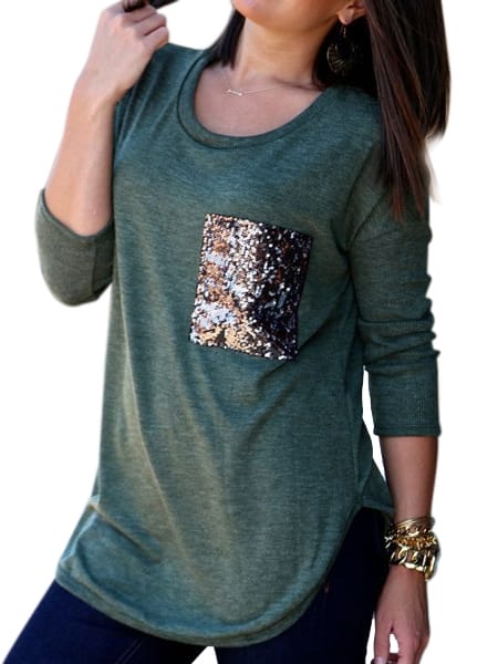 Was and Now - Fashion Clothing - Sensuel Round Neck Paillette With Pockets Assorted Colors Long-sleeve-t-shirts