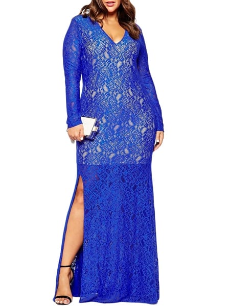 Was and Now - Fashion Clothing - Sensuel V Neck Lace Plain High Slit Plus-size-maxi-dress