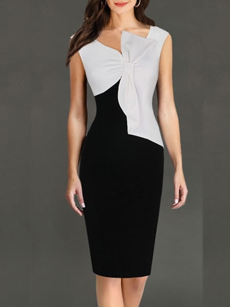 Was and Now - Fashion Clothing - White-black Color Block Knot Sparkling Bodycon Dress