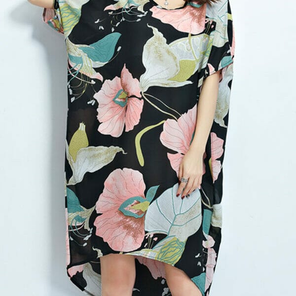 Was and Now - Fashion Clothing - Floral Batwing Designed Boat Neck Plus-size-shift-dress