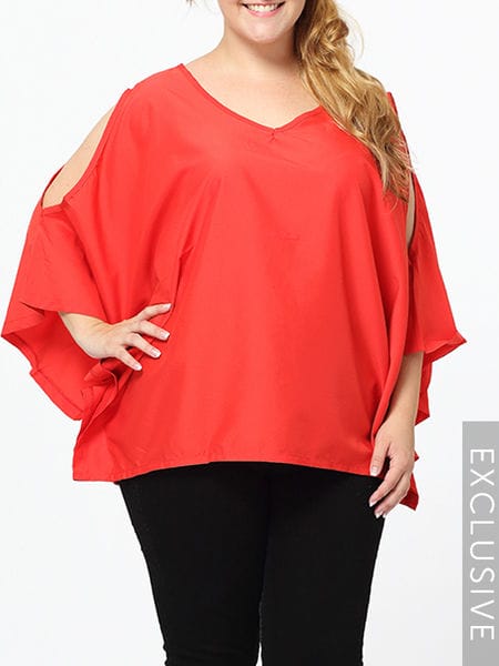 Was and Now - Fashion Clothing - Hollow Out Plain Batwing Chic V Neck Plus Size Tops