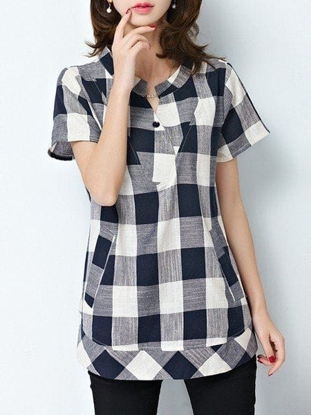 Was and Now - Fashion Clothing - Plaid Charming Short Sleeve Band Collar Blouses