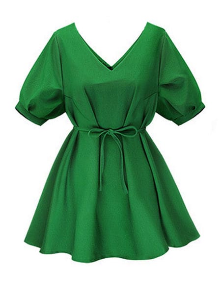 Was and Now - Fashion Clothing - Plain Bowknot Concise V Neck Plus-size-flared-dress