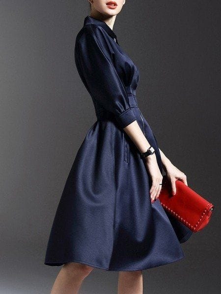 Was and Now - Fashion Clothing - Plain Delightful Small Lapel Skater Dress