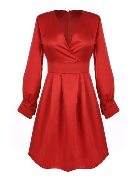 Was and Now - Fashion Clothing - Red Plain Brilliant V Neck Skater Dress