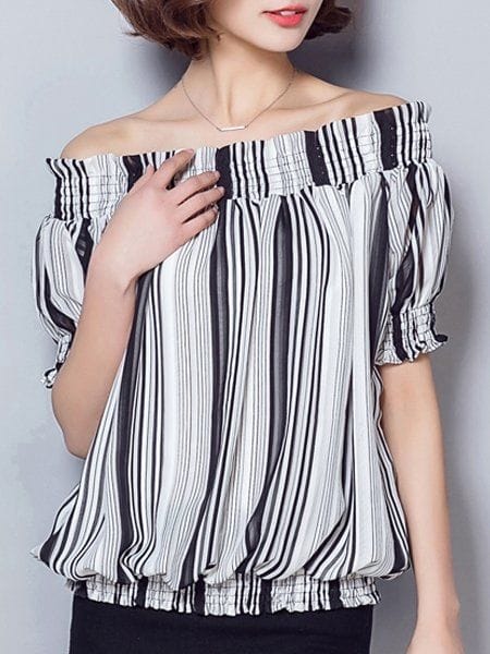 Was and Now - Fashion Clothing - Striped Slash Neck Short Sleeve T-shirts