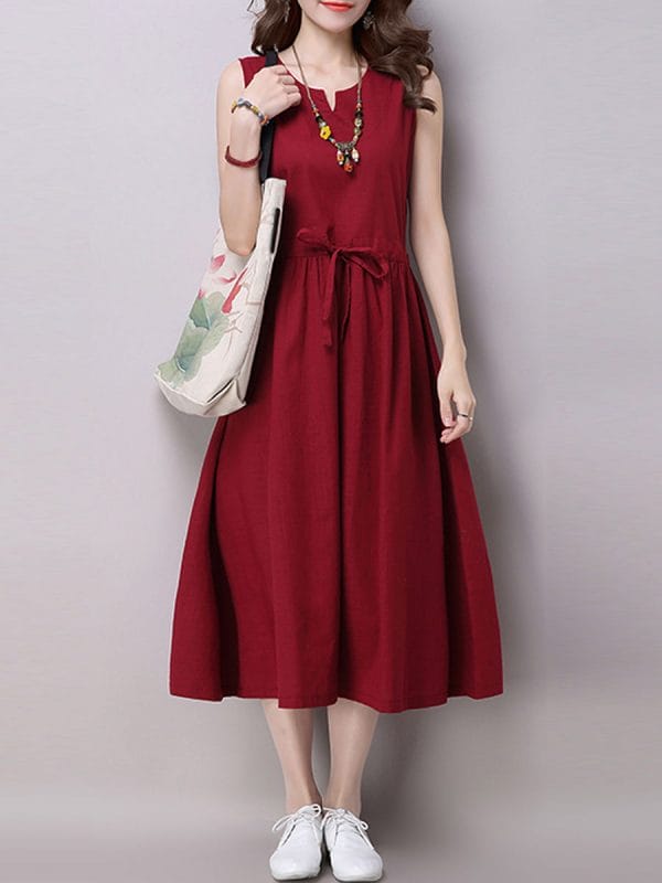 Was and Now - Fashion Clothing - Plain Drawstring Bowknot Delightful Round Neck Maxi-dress