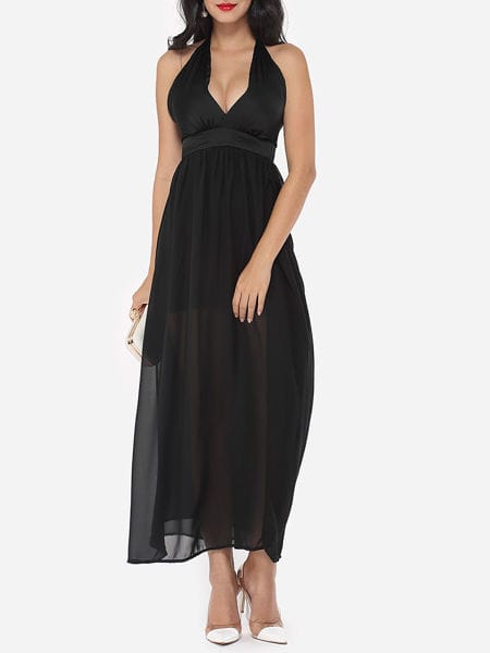 Was and Now - Fashion Clothing - Zips Halter Dacron Hollow Out Plain Seethrough Maxi Dress