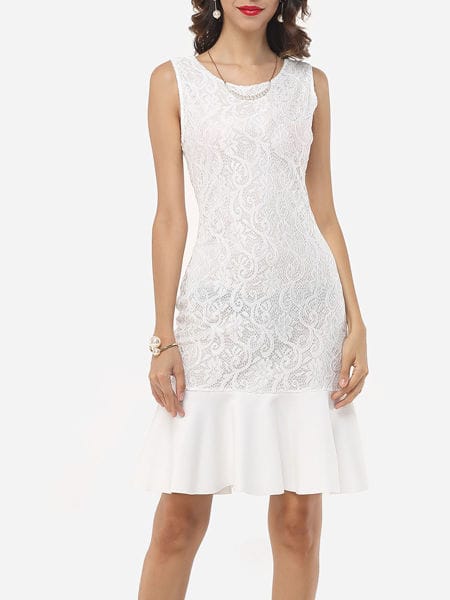 Was and Now - Fashion Clothing - Zips Round Neck Blended Hollow Out Lace Patchwork Plain Bodycon-dress