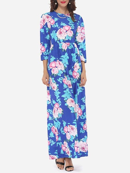 Was and Now - Fashion Clothing - Zips Round Neck Dacron Assorted Colors Floral Printed Maxi-dress