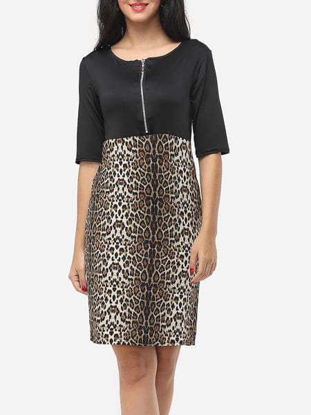 Was and Now - Fashion Clothing - Zips Round Neck Dacron Leopard Bodycon Dress