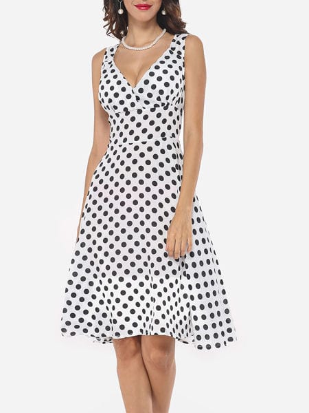 Was and Now - Fashion Clothing - Zips V Neck Blended Assorted Colors Polka Dot Printed Skater-dress