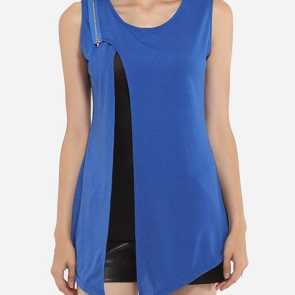 Was and Now - Fashion Clothing - Zips Round Neck Dacron Split Sleeveless-t-shirts