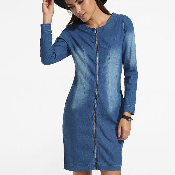 Was and Now - Fashion Clothing - Zips Round Neck Denim Hollow Out Plain Bodycon Dress