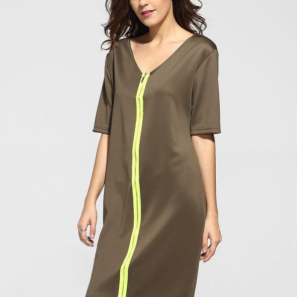 Was and Now - Fashion Clothing - Zips V Neck Dacron Color Block Shift-dress