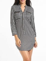 Was and Now - Fashion Clothing - Zips V Neck Dacron Houndstooth Split Shift-dress