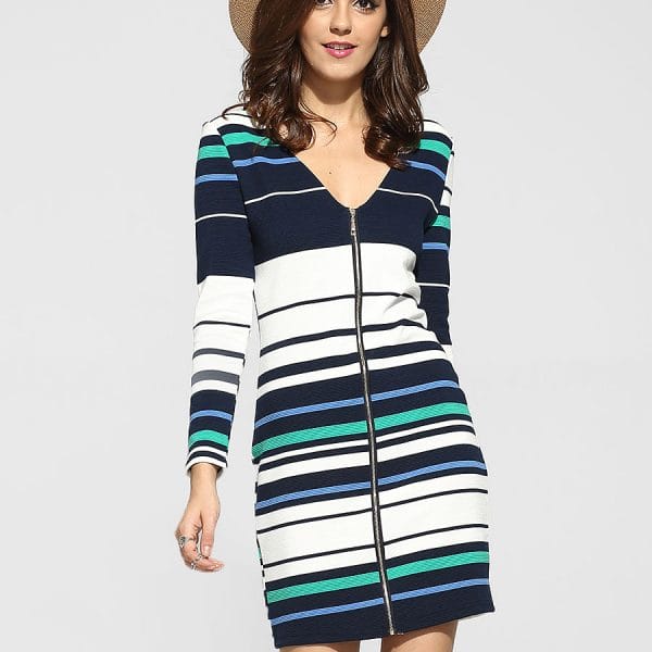 Was and Now - Fashion Clothing - Zips V Neck Knit Color Block Stripes Bodycon-dress