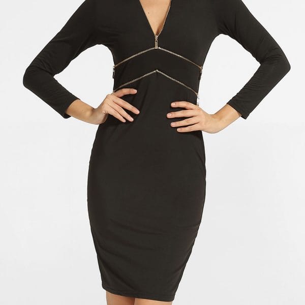 Was and Now - Fashion Clothing - Zips V Neck Plain Bodycon-dress
