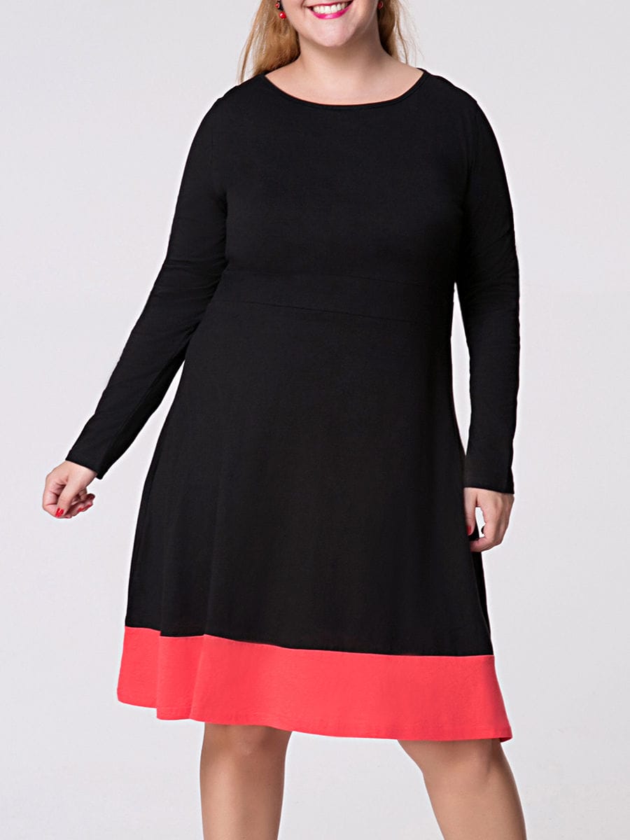 Was and Now - Fashion Clothing - Round Neck Color Block Plus Size Flared Dress