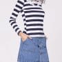 Was and Now - Fashion Clothing - Round Neck Striped Decorative Lace Long Sleeve T-shirt