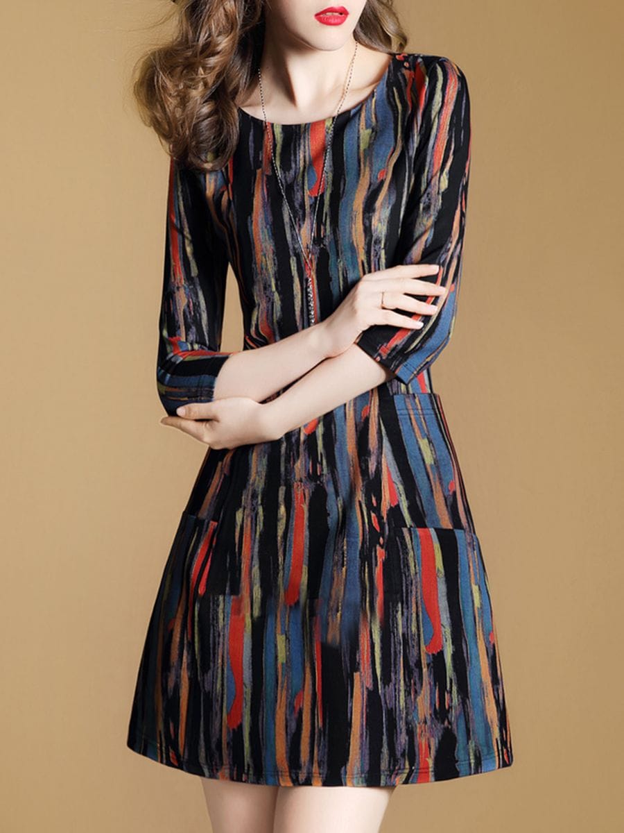 Was and Now - Fashion Clothing - Multi-Color Asymmetric Stripe Patch Pocket Skater Dress