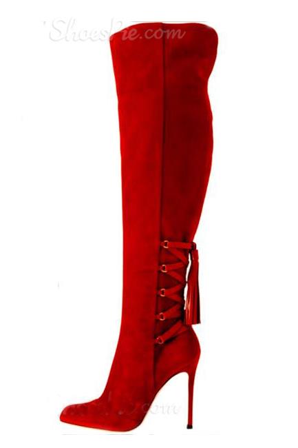 Attractive Red Knee High Boots with Tassels - Was And Now - online ...