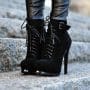 Black Coppy Leather Lace-Up Stiletto Heels Ankle Boots