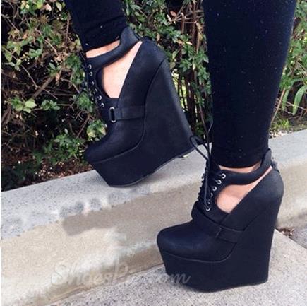 Comfortable Wedge Heel Black Coppy Leather High Heel Sandals