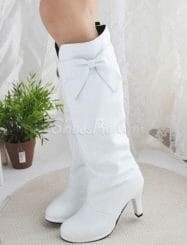 Elegant White PU Stiletto Heel Knee High Boots with Lovely Bowtie Decoration
