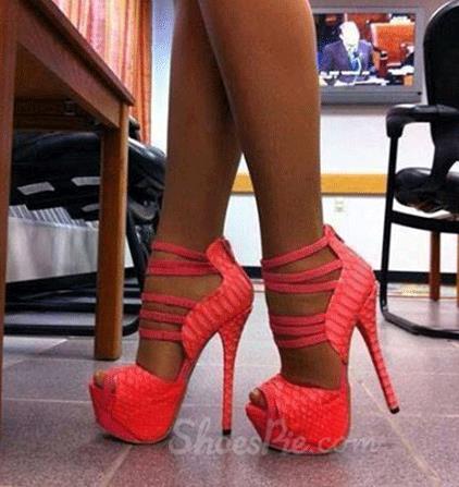 Fashionable Red Copy Leather Platform Heels
