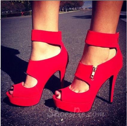 Glaring Red Suede Cut-Outs Platform High Heel Sandals