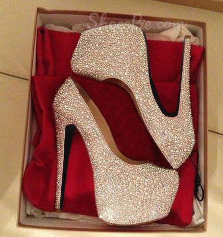 Gorgeous White Coppy Leather Amazing Rhinestone Platform High Heel Shoes