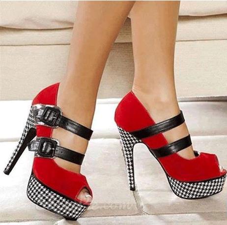 New Arrival Red & Black Contrast Colour Suede Platform High Heel Shoes