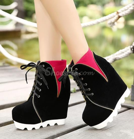 Sexy Contrast Color Lace-Up Wedge Boots