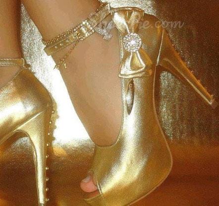 Stylish Golden Copy Leather Peep-Toe Platform Heels